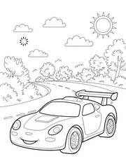 Black and White Line Art Coloring Page of a Toy Racing Car Driving on a Winding Road with Trees and Sun