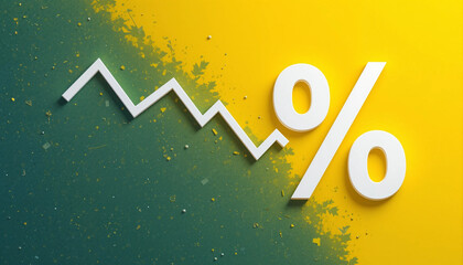 falling white chart arrow with percent icon on yellow background. Falling interest rates and mortgage concept