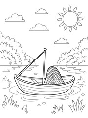 Black and White Line Art Coloring Page Small Fishing Boat on Calm Lake Sunny Day Simple Illustration Kids Coloring Book