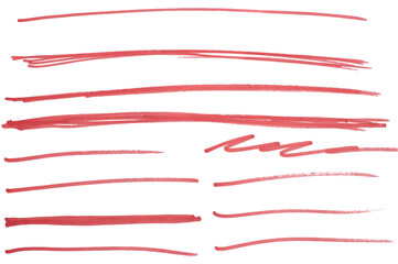 Set of hand drawn red marker line design element, grunge strokes, doodle lines underline scribble