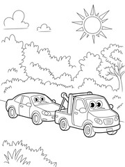Black and White Line Art Coloring Page Tow Truck and Car in Sunny Landscape illustration