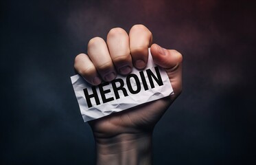 Powerful concept image for International Day Against Drug Abuse and Illicit Trafficking: hand crushing HEROIN word paper on white background.
