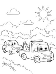 Black and White Line Art Coloring Page Tow Truck Towing Car Sunny Day Landscape Kids Coloring Book image