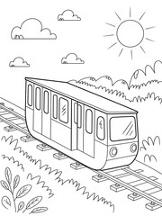 Black and White Line Art Drawing of a Funicular Train on Tracks Sunny Day Kids Coloring Page railway