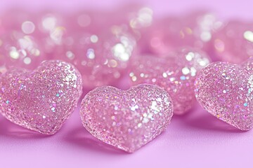 Pink glitter hearts on a soft pink background