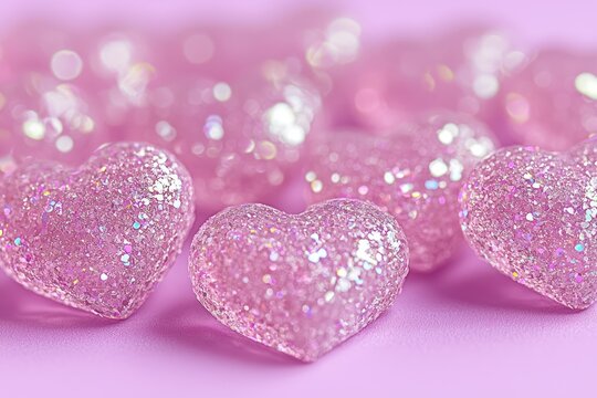 Pink glitter hearts on a soft pink background