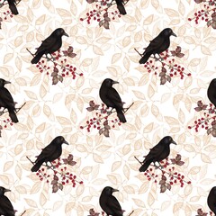 Seamless pattern with blackbirds perched on berry branches, surrounded by delicate hand-drawn leaves. A perfect blend of nature, elegance,  and autumn vibes 