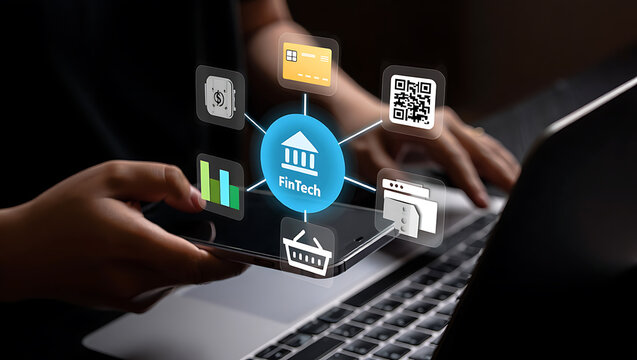 Person using laptop and phone with connected fintech icons representing online financial services - Powered by Adobe