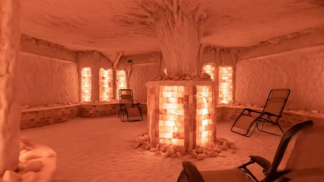 Empty salt room with illuminated orange salt bricks. Natural alternative medicine for health and wellness concept footage.