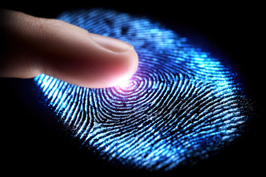 Finger touches a digital fingerprint scanner in a dark setting demonstrating biometric security