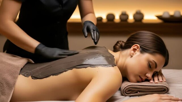 Woman having a mud therapy treatment at a spa. Relaxing body care and beauty procedure for skin rejuvenation. Health resort therapy footage.