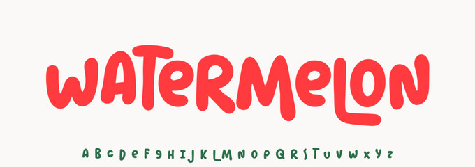 Summer Watermelon, joyful lettering, cartoon rounded typography. Childish font for friendly logo headline of culinary recipe book, sweets, ice cream title. Food typographic design. Vector typeset.