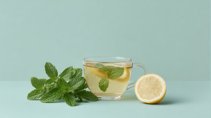 refreshing herbal tea with mint leaves and lemon slices served in clear glass cup