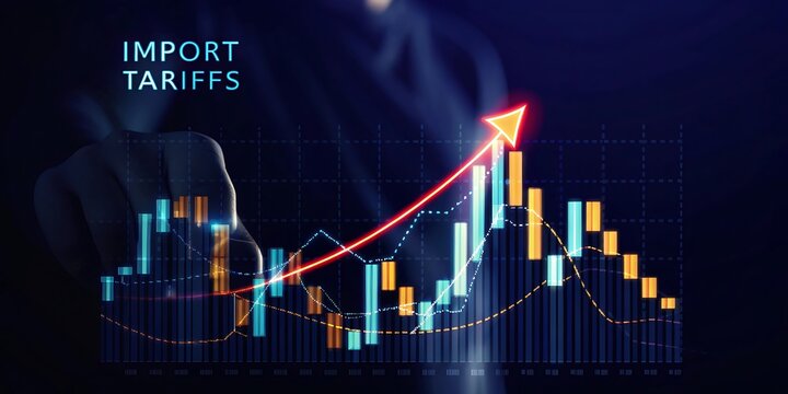 Businessman interacting with digital interface showing import tariffs, trade growth graphs and increasing statistics on dark background. virtual data