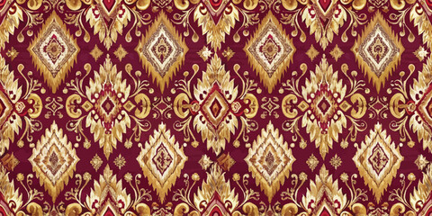 Elegant maroon and gold damask pattern with intricate floral designs.