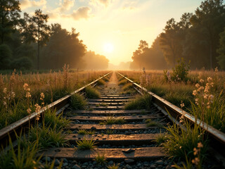 Fototapeta premium Sunset over a railway track with green trees on both sides, perfect for travel or journey themes. Generative AI