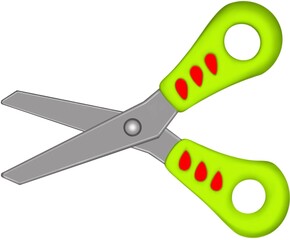 Green hand holding scissors isolated on white 