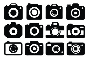 Collection of stylish black and white camera icons for photography and graphic design