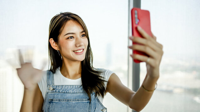 Smiling young asian woman video calling at LivingRoom, Waving Hello into Smartphone Camera. Talking Online With Friend, Happy lady talking by virtual chat meeting dating online using mobile video call