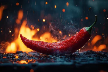 Plexiglas schilderij Hete pepers Red chili pepper on hot coals, rain, fire  © irawan710