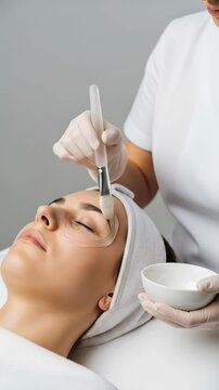 Young woman receiving a forehead facial mask during beauty procedure at spa salon for skin care and treatment footage.