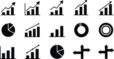 Business chart icon set, bar graph, pie chart, infographic symbols, data analysis, vector elements, minimal black silhouette icons