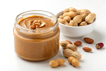 Nut paste in glass jar with peanuts isolated on transparent background