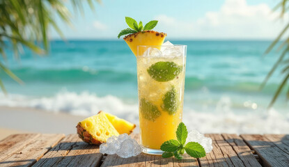 Refreshing Pineapple Mojito Cocktail on a Tropical Beach