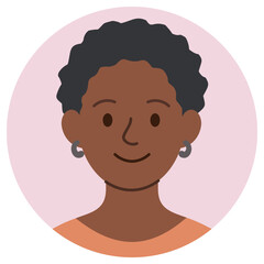 Cartoon avatar of smiling young black woman with curly hair and earrings isolated on pastel background