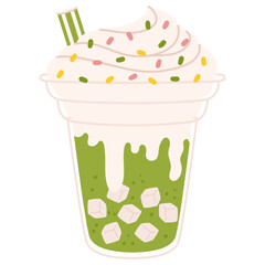 Matcha bubble soda with whipped cream and colorful sprinkles in plastic cup