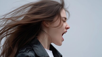 Obraz premium Young woman with long hair, passionately expressing emotions while shouting outdoors, with wind blowing through her hair, capturing a moment of intense feeling and energy