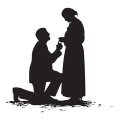 Romantic Proposal Man Kneeling Before Woman Offering Ring in a Timeless Silhouette