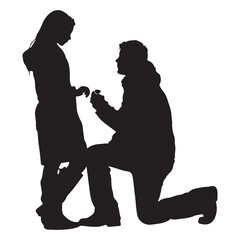 Romantic Proposal Man Kneeling Before Woman Offering Ring in a Timeless Silhouette
