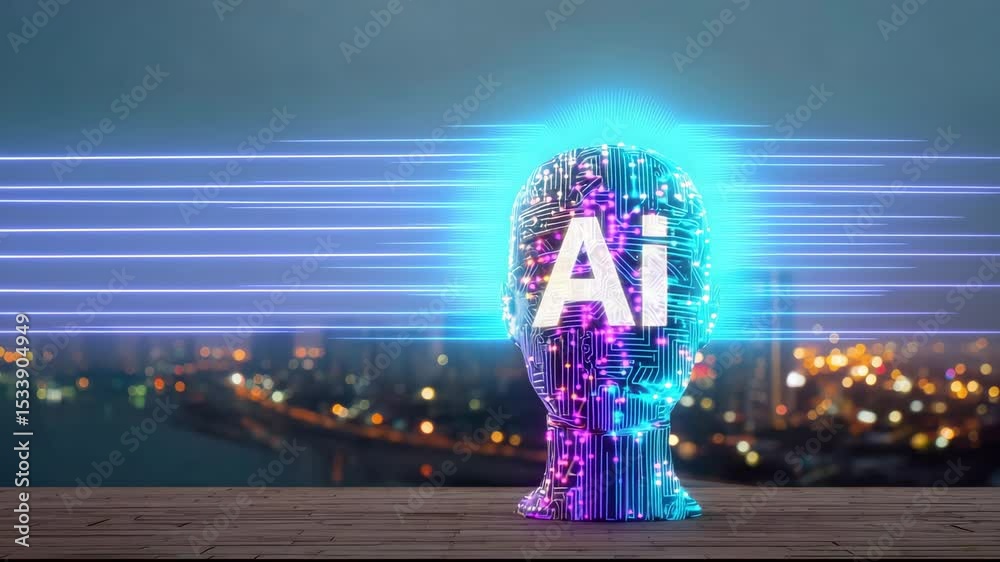 Poster a digital human head made from a circuit board stands on a wooden surface against a city background 