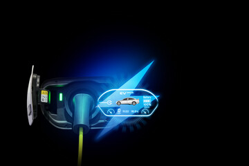 Power cable pump plug in charging power to electric vehicle EV car.