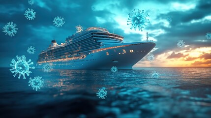 Cruise ship surrounded by glowing virus particles, symbolizing health precautions in travel.