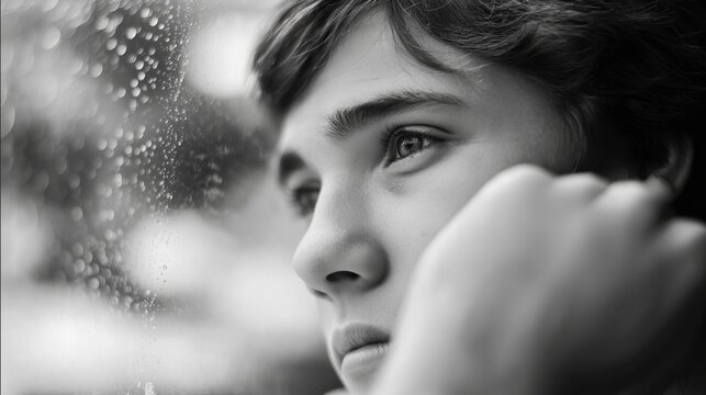 Young boy gazing thoughtfully out of a rain-soaked window, reflecting on emotions, with soft light illuminating his face and creating a serene atmosphere of contemplation - Powered by Adobe