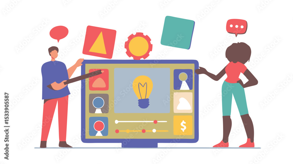 Poster Two people interacting with a large screen displaying various icons and interface elements design concept