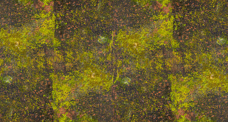 Realistic Weathered Clay Red Brick Wall Texture with Green Moss and Fungi. Ideal for Creative Project or Design.