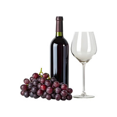 grapes with a bottle of wine and glass Isolated on a transparent background