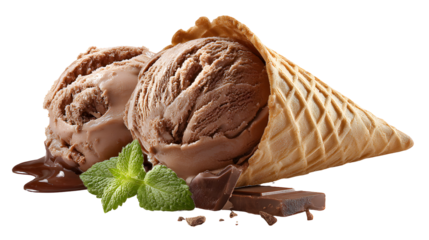 Chocolate Ice Cream in Waffle Cone with Mint and Chocolate Pieces