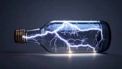 Glass bottle containing visible lightning-like electrical discharges against a dark backdrop