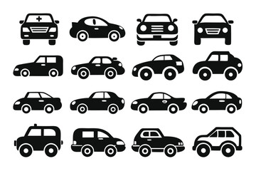 Collection of stylized black and white car icons for transportation and design elements