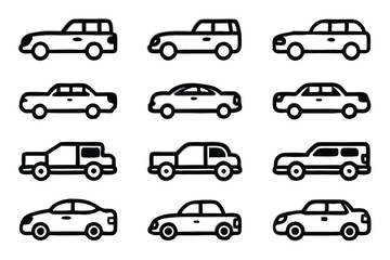 Fototapeta premium Collection of simple black and white vector car icons for transportation and design projects