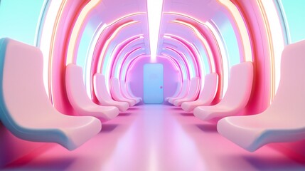 future train station with robotic guides, multilingual AI interaction, neon architecture