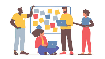 Team collaboration with sticky notes and laptops brainstorming together in a meeting room setting