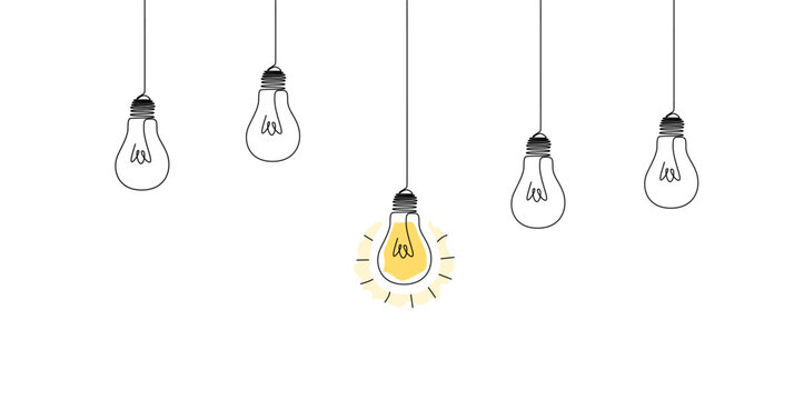 One continuous line drawing of hanging light bulbs with one shining. Concept of creative idea eps 10.