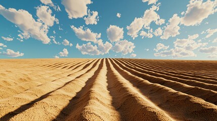 expansive potato farm with furrowed ridges, low sunlight catching the textured soil, sparse clouds casting moving shadows, slight slope adds depth to horizon