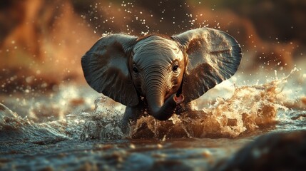 Baby elephant splashes through a river
