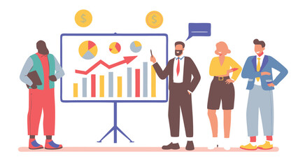 Business presentation with diverse team showing chart and graph on a presentation board in the office